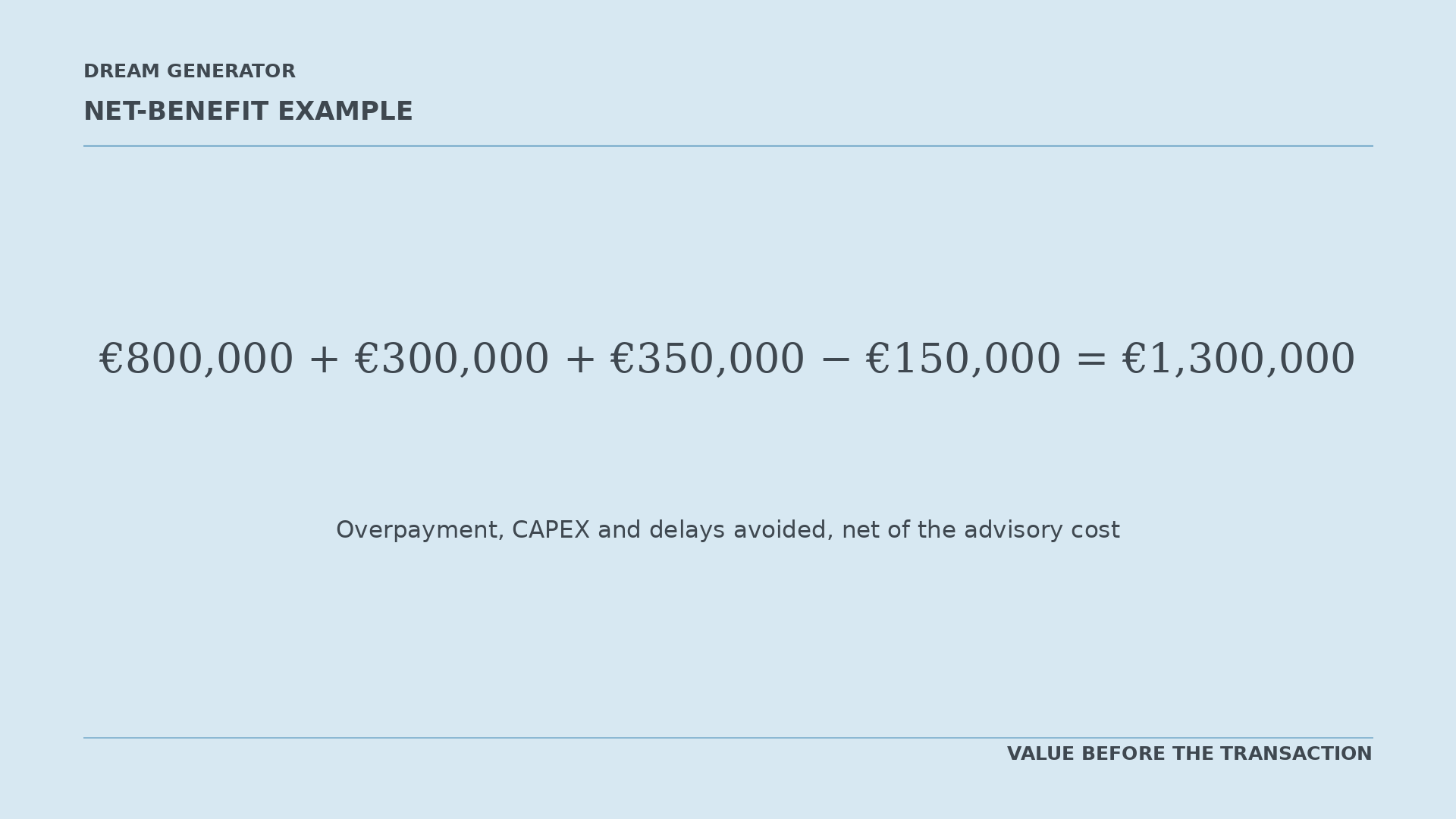 Net-benefit example: €800,000 plus €300,000 plus €350,000 less €150,000 equals €1,300,000.